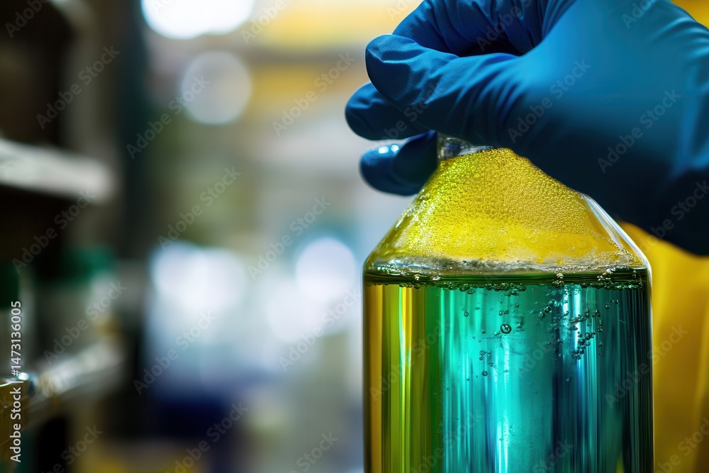 Aufkleber close-up of a gloved hand holding a laboratory flask with colorful liquid in a lab setting
