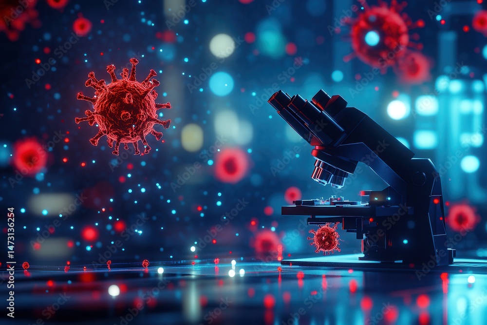 Aufkleber close-up of a microscope surrounded by floating virus particles in a high-tech lab environment