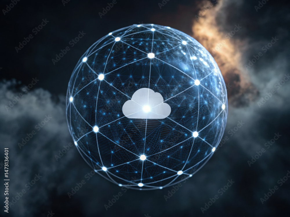 Poster digital cloud icon surrounded by network of interconnected data