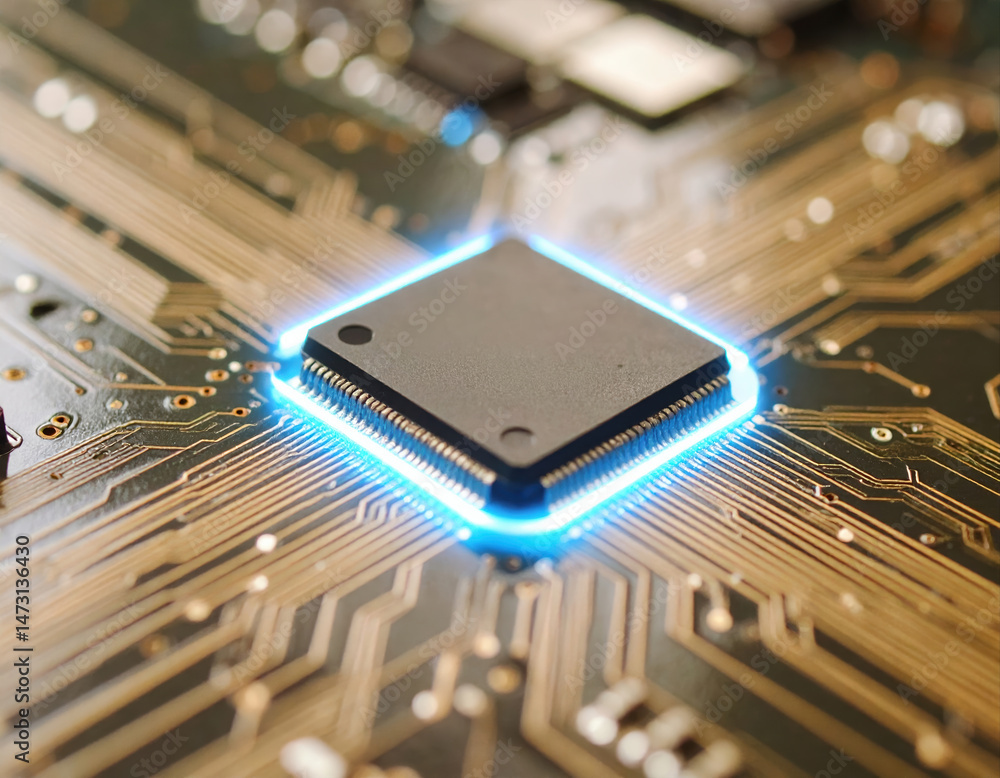 Aufkleber close up of computer microchip with glowing blue light circuit