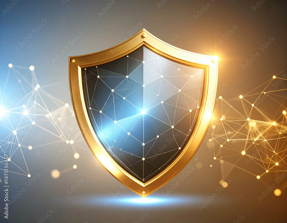 Poster shield made of layered rotating polygons glowing subtly blue