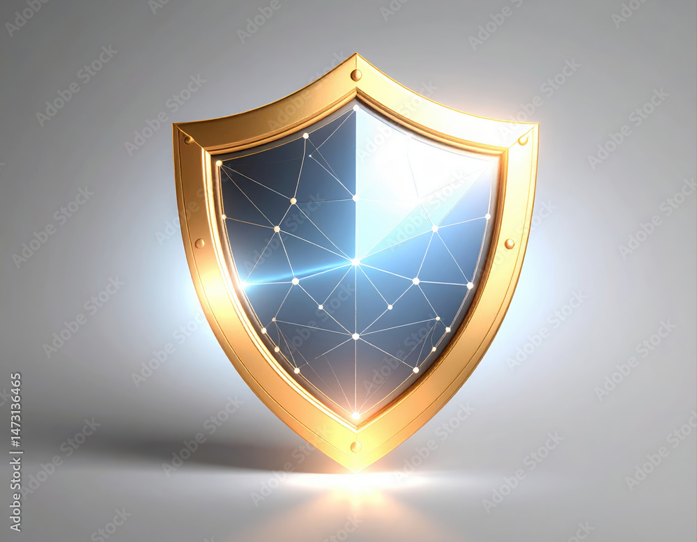 Poster shield made of layered rotating polygons glowing subtly blue