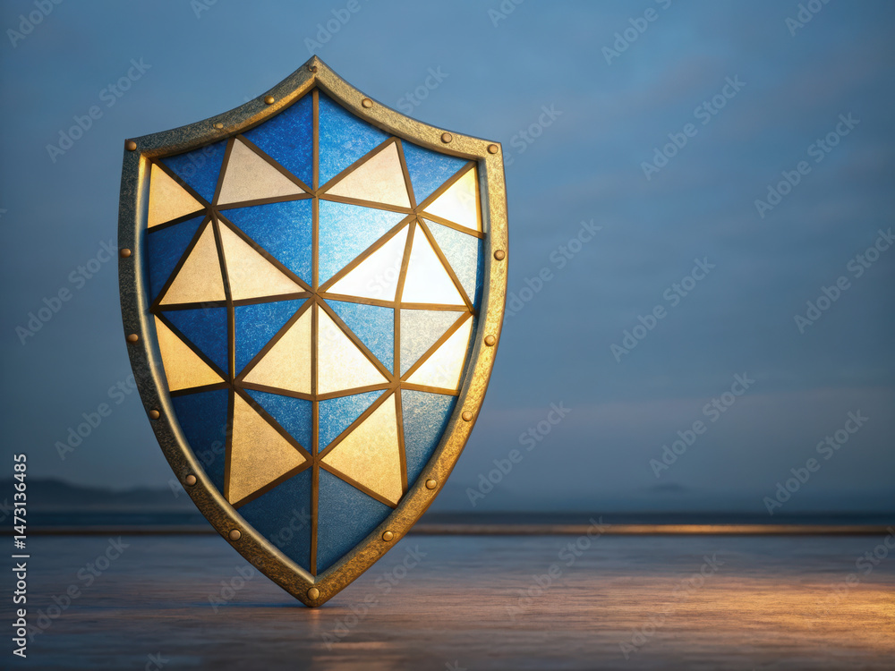 Poster shield made of layered rotating polygons glowing with light