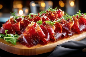 Exquisite Display of Sliced Meat on Wooden Board with Green Garnish in Elegant Restaurant Setting