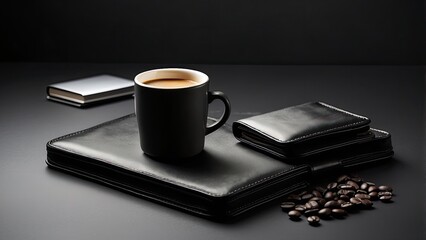 "Overhead View of a Sleek Dark Workspace with Blank Space on a Black Desk"