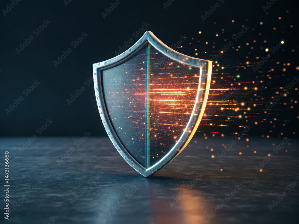 Poster digital shield with glowing data streams representing