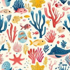Naklejka premium seamless aquatic cartoon pattern with playful sea creatures, pastel corals, and underwater plants, bright happy colors