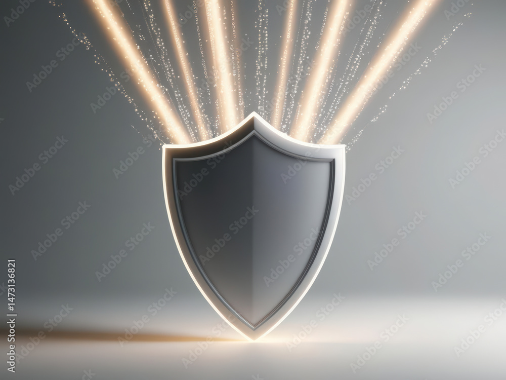 Poster shield with glowing particles and light beams emanating from it