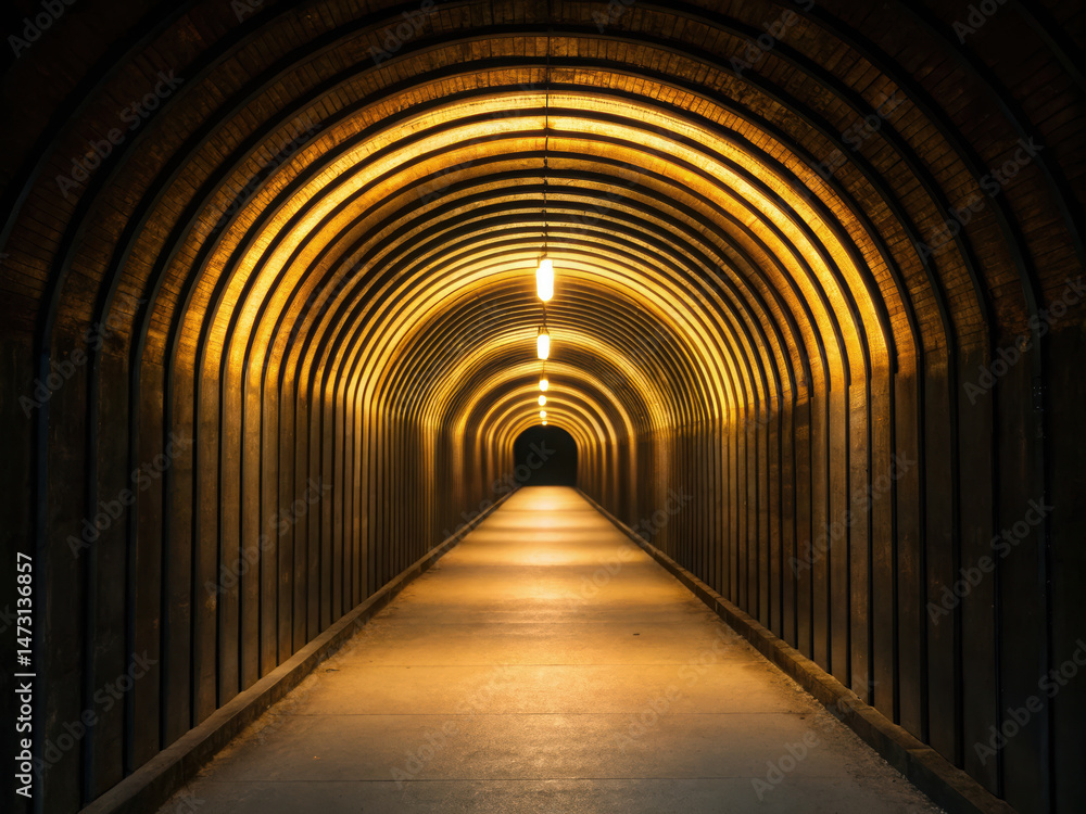 Poster lit tunnel with arched ceiling receding into darkness
