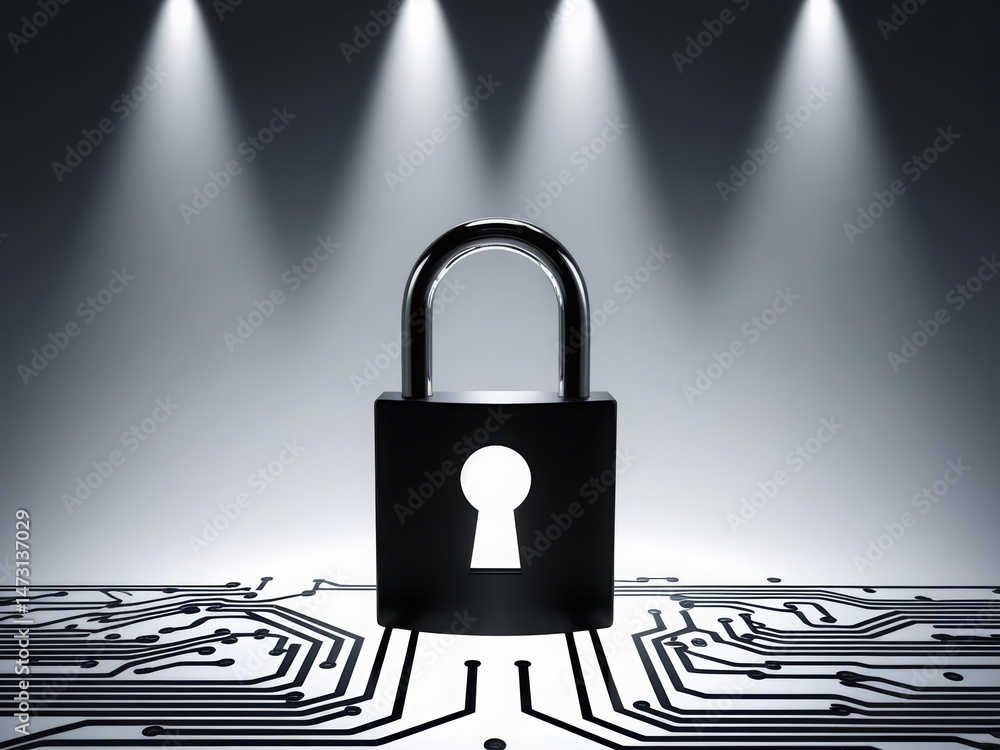 Poster padlock with circuit board pattern surface and keyhole center