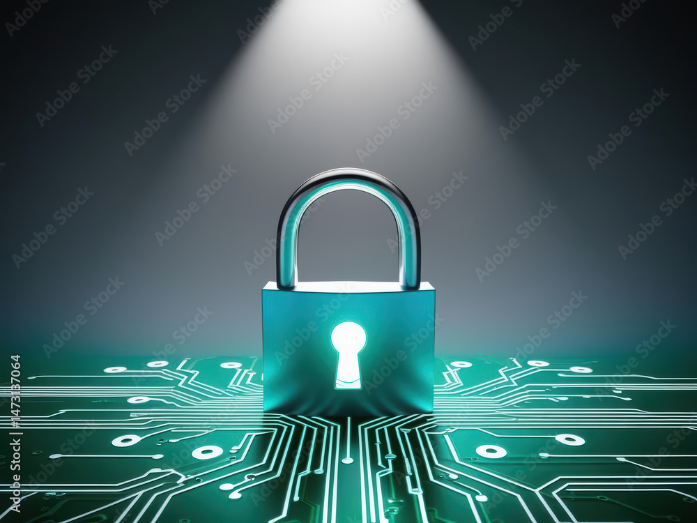 Poster digital lock with circuit lines forming secure padlock glowing