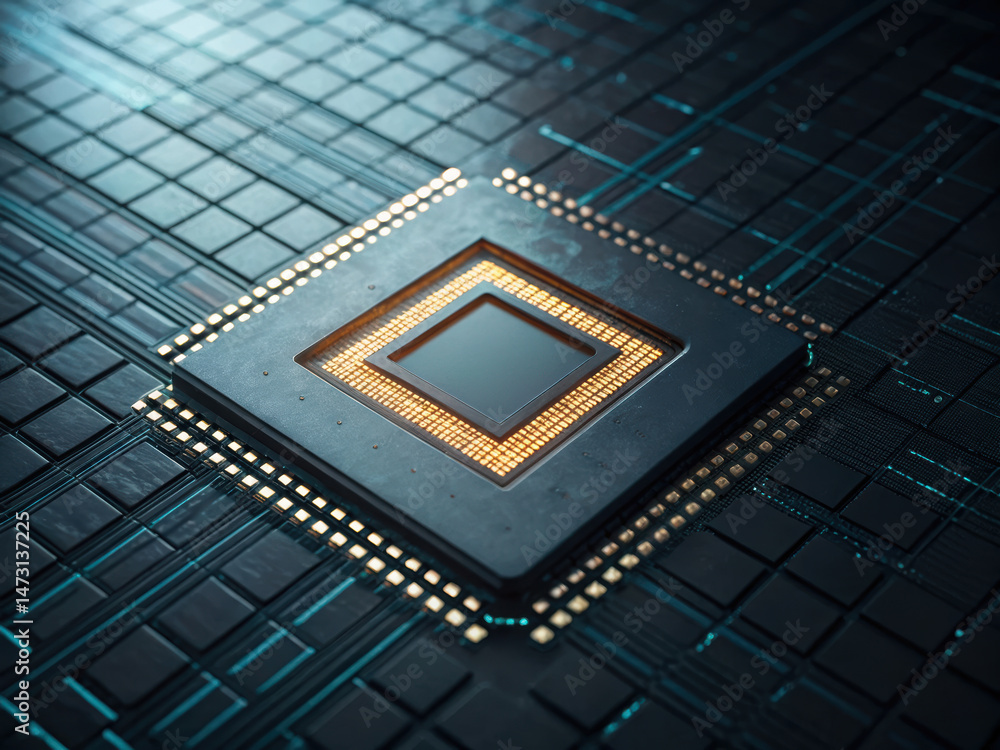 Poster close up of computer processor chip circuit board, highlighting