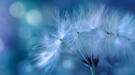 Close up of white dandelion seed gently blowing wind glowing under soft blue lighting dreamlike peaceful ambiance delicate movement natural beauty captured moment cut out isolated transparent