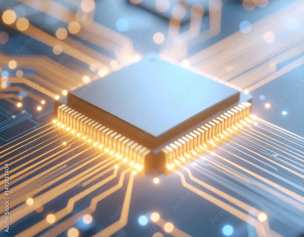Poster close up of modern microprocessor with glowing circuit lines
