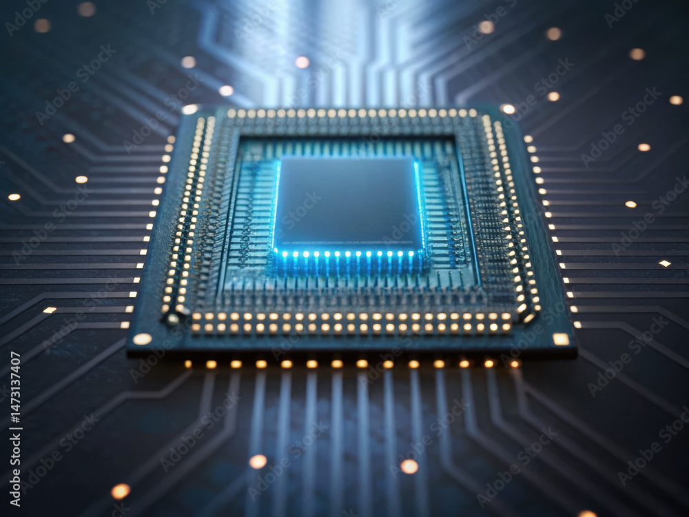 Aufkleber close up of computer microchip with glowing blue lights circuit