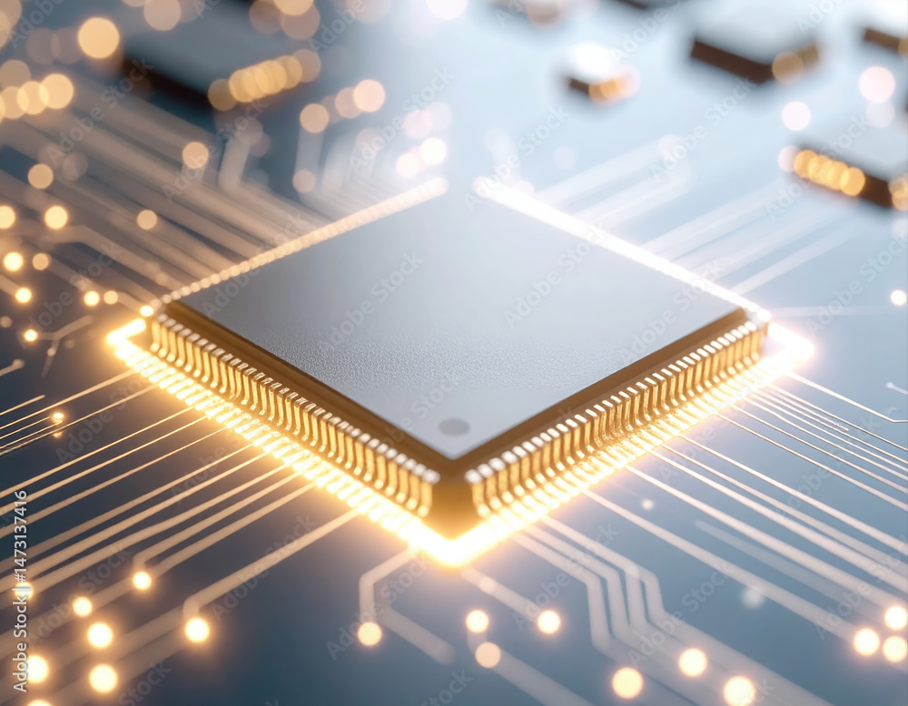 Poster close up of computer microchip with glowing connections circuit