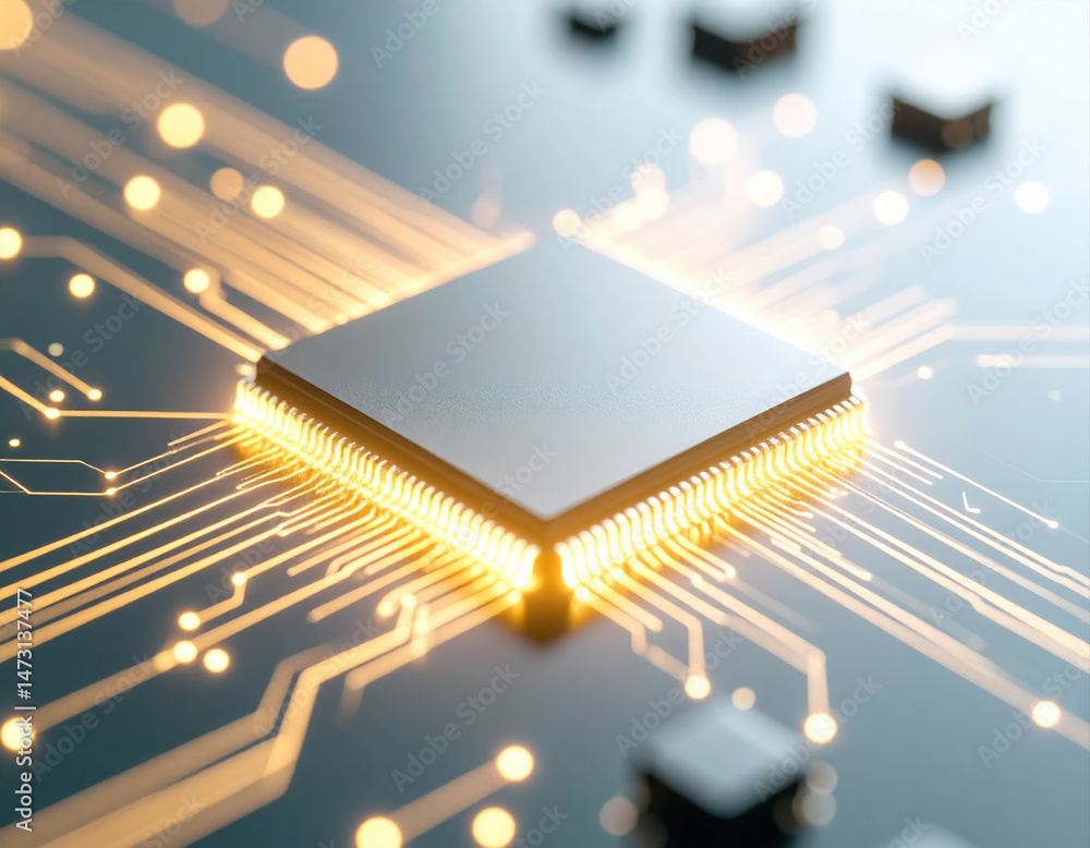 Poster close up of microprocessor with glowing circuit lines radiating