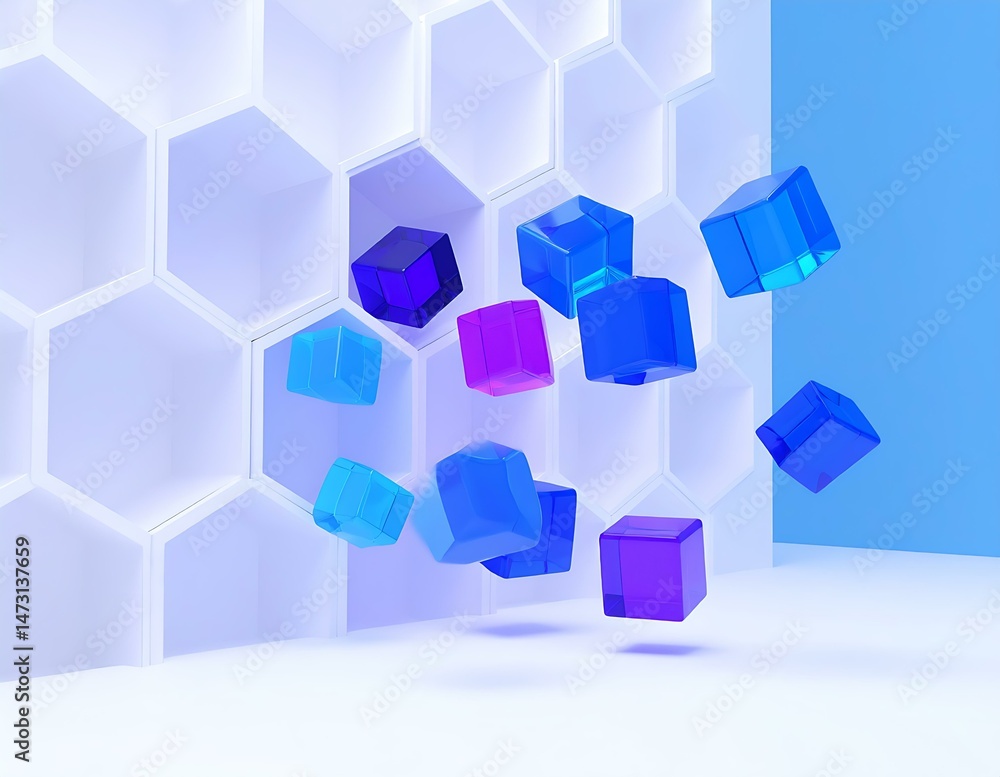 Poster Abstract Hexagonal Structure with Floating Colorful Cubes