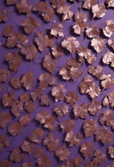Intricate pattern of oxidized copper leaves on purple  Subtle light and shadow , photography, still life