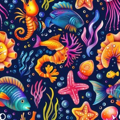 seamless aquatic cartoon pattern with playful sea creatures, pastel corals, and underwater plants, bright happy colors