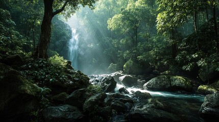 Fototapeta premium The waterfall cascading down from the dense tropical rainforest is misty under the golden sunlight, surrounded by lush green vegetation and crystal clear pools.