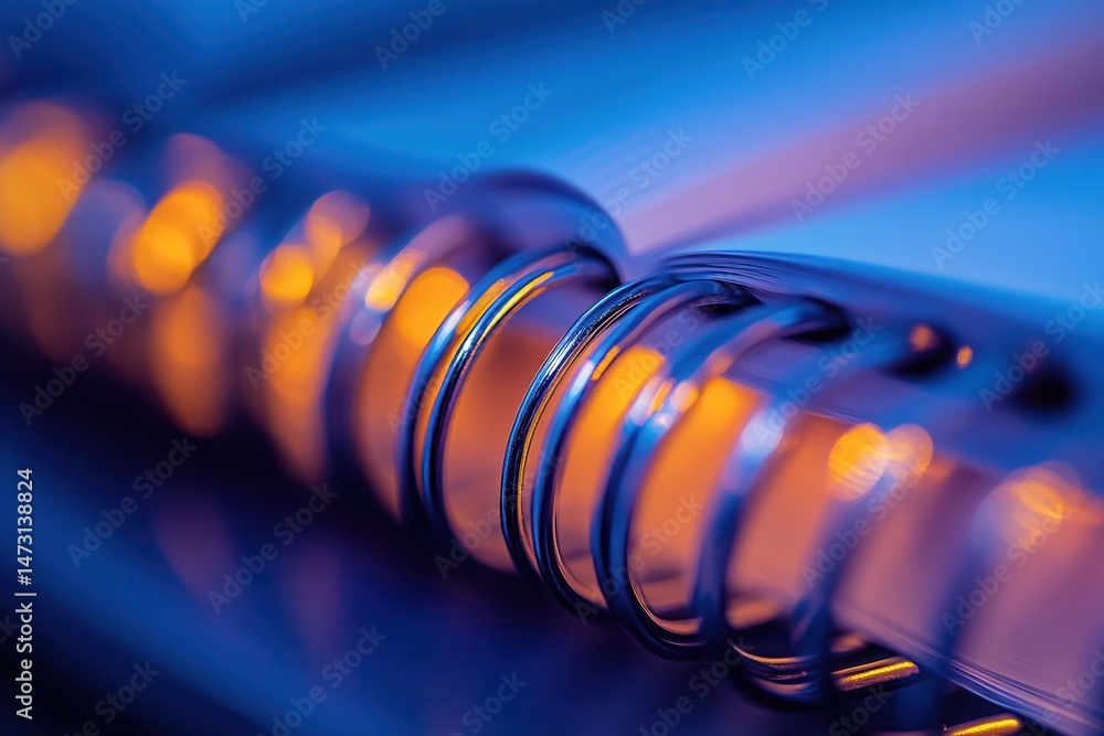Poster close-up of metallic spiral binding on a notebook, illuminated by soft orange and blue light