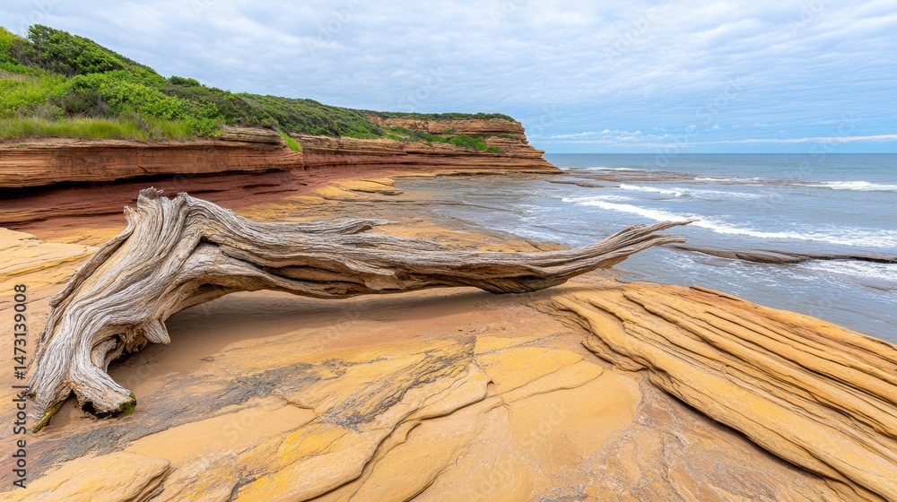 Poster a weathered driftwood log rests on layered sandstone cliffs by the ocean, with waves and greenery in