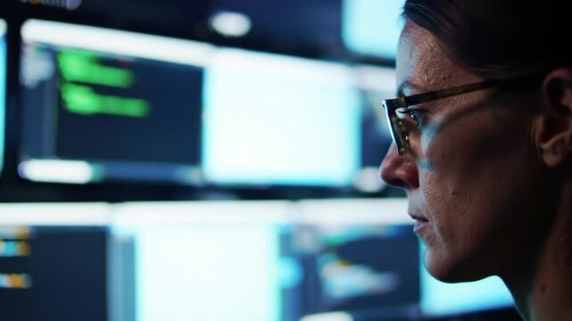 Data analyst working late at night on complex charts and graphs in a dark office environment