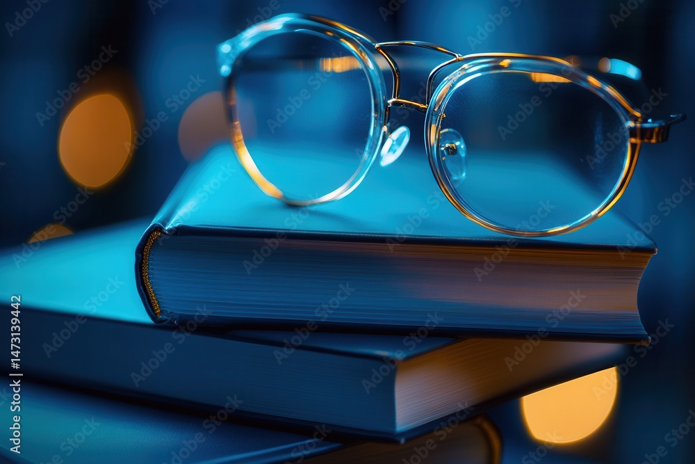 Aufkleber close-up of stylish glasses resting on a stack of books with a blurred bokeh background