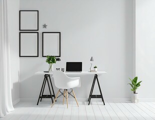 Minimalist White Home Office Workspace Design with Plants and Laptop