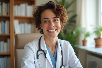Portrait Of Smiling Female Doctor With Stethoscope Sitting Behind Desk In Office