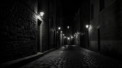 Dark alleyway with a brick wall and a brick sidewalk. There are two doors on the wall
