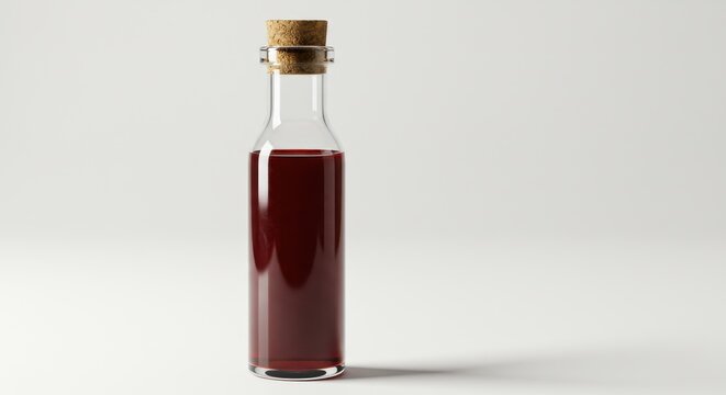 Vintage glass potion bottle with cork stopper, dark red liquid in apothecary vial, mystical elixir container on white background