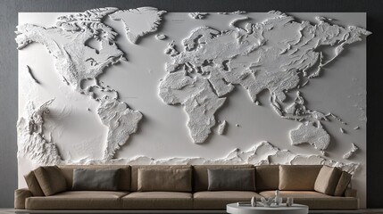 Detailed White World Map Wall Decor in Modern Living Room Interior