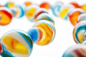 Close-up view of colorful marbles arranged artistically, showcasing vibrant colors and patterns