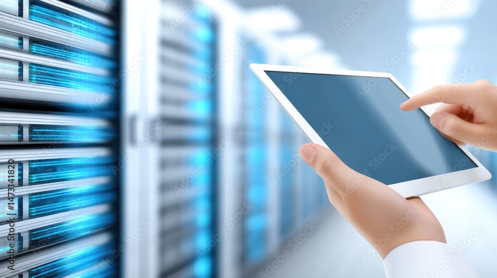 Poster person using a tablet to manage or monitor servers in a modern data center environment.