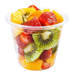 Fresh fruit salad in cup close up on white background on transparent background