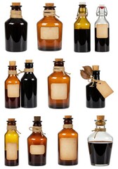 Collection of vintage apothecary bottles with blank labels on white background