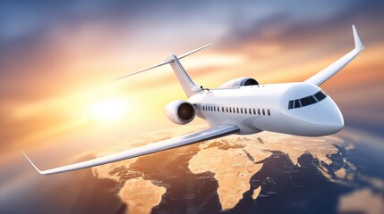 Obraz premium A modern jet airplane flies above Earth with the sun setting in the background, symbolizing global travel and connectivity.