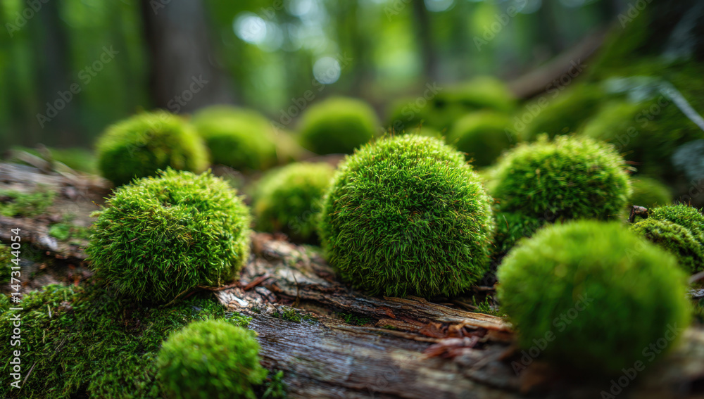 Poster close-up view of vibrant green moss clumps thriving on a decaying log in a lush forest, showcasing t