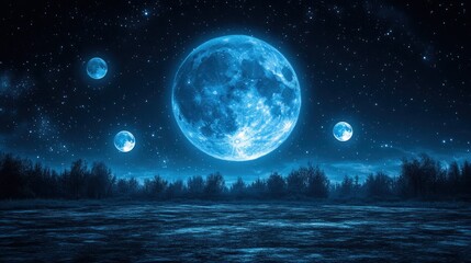 Vast,  blue moons illuminate a night forest.