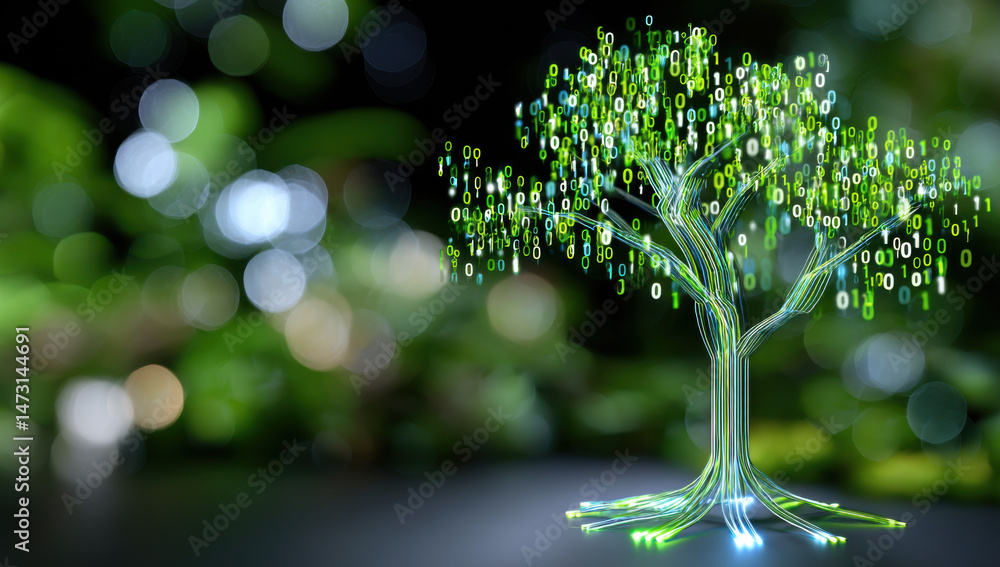 Poster Abstract digital tree formed by glowing binary code, set against a bokeh background of green foliage, symbolizing data growth and nature's connection to technology. : Generative AI