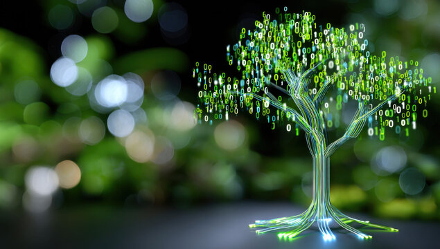 Abstract digital tree formed by glowing binary code, set against a bokeh background of green foliage, symbolizing data growth and nature's connection to technology. : Generative AI