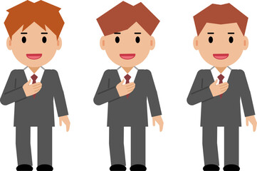 胸に手を当てて話すグレースーツの若い男性