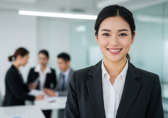 Smiling asian businesswoman with team in background at office