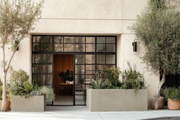 Obraz premium Modern building entrance with black framed glass doors and concrete planters. Use for architectural or interior design stock, showcasing stylish design.