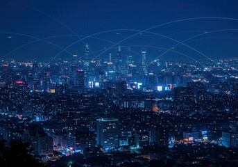 Naklejka premium Cityscape at night with glowing lights and network connections