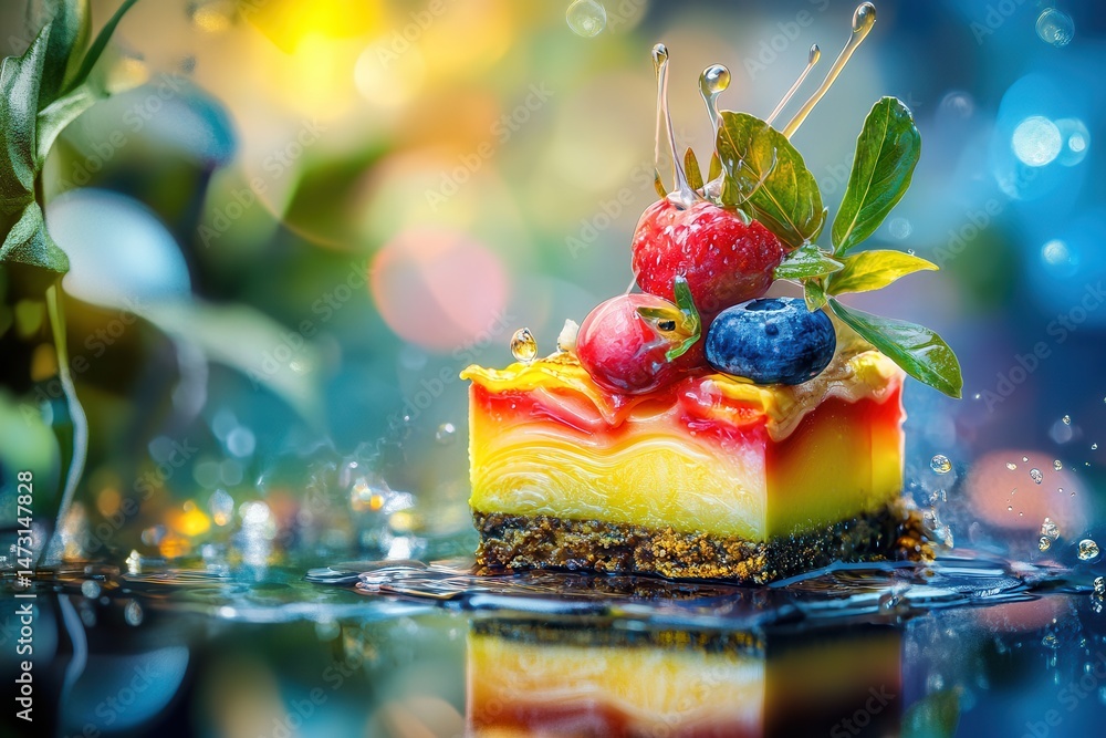 Poster colorful layered dessert with berries on reflective surface, surrounded by soft bokeh background