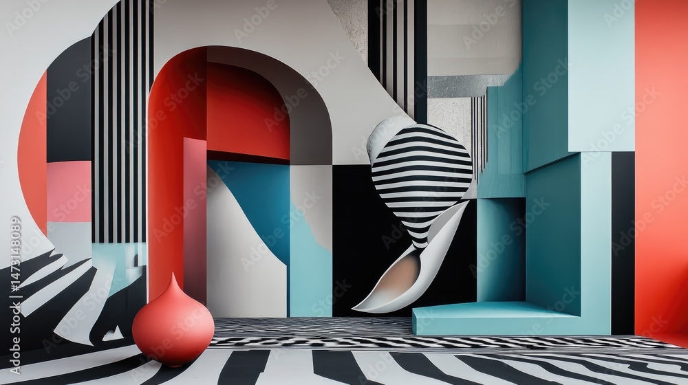 Poster abstract design with bold, angular shapes and geometric patterns in a mix of bright and dark tones, 