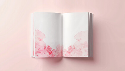 Open book with pink watercolor splash
